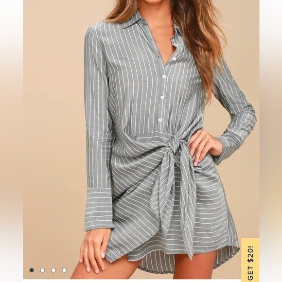 Poised and Proper Grey Striped Knotted Shirt Dress Sz medium long sleeve - Picture 1 of 16